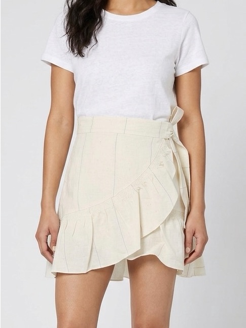 Alc Hampton Linen & Silk Cream White Midnight Blue Ruffle Wrap Mini Skirt 8